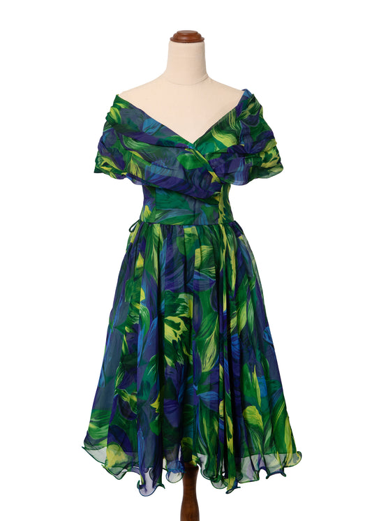 1970's En-Ka Green & Blue Floral Dress