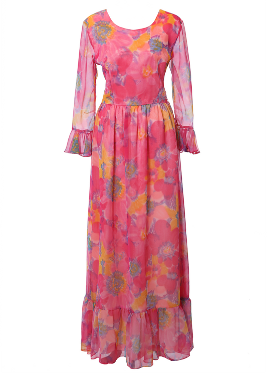1970's Pink Floral Ruffle Maxi Dress